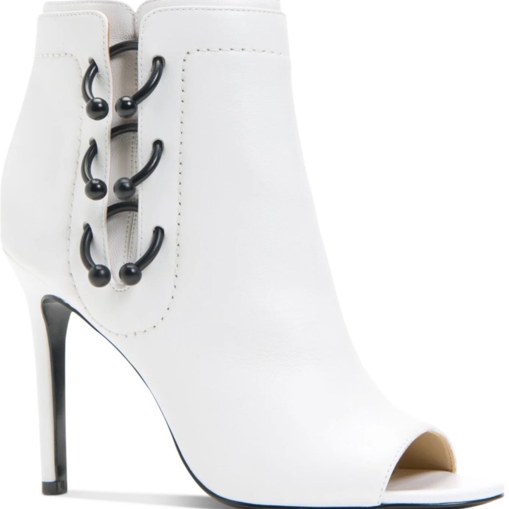 Katy Perry Peep Toe Booties White Leather Safety Pin Heels Size 6.5M – NEW